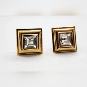 Monet Square Gold Tone Rhinestone Accent Vintage Earrings Pierced 1"